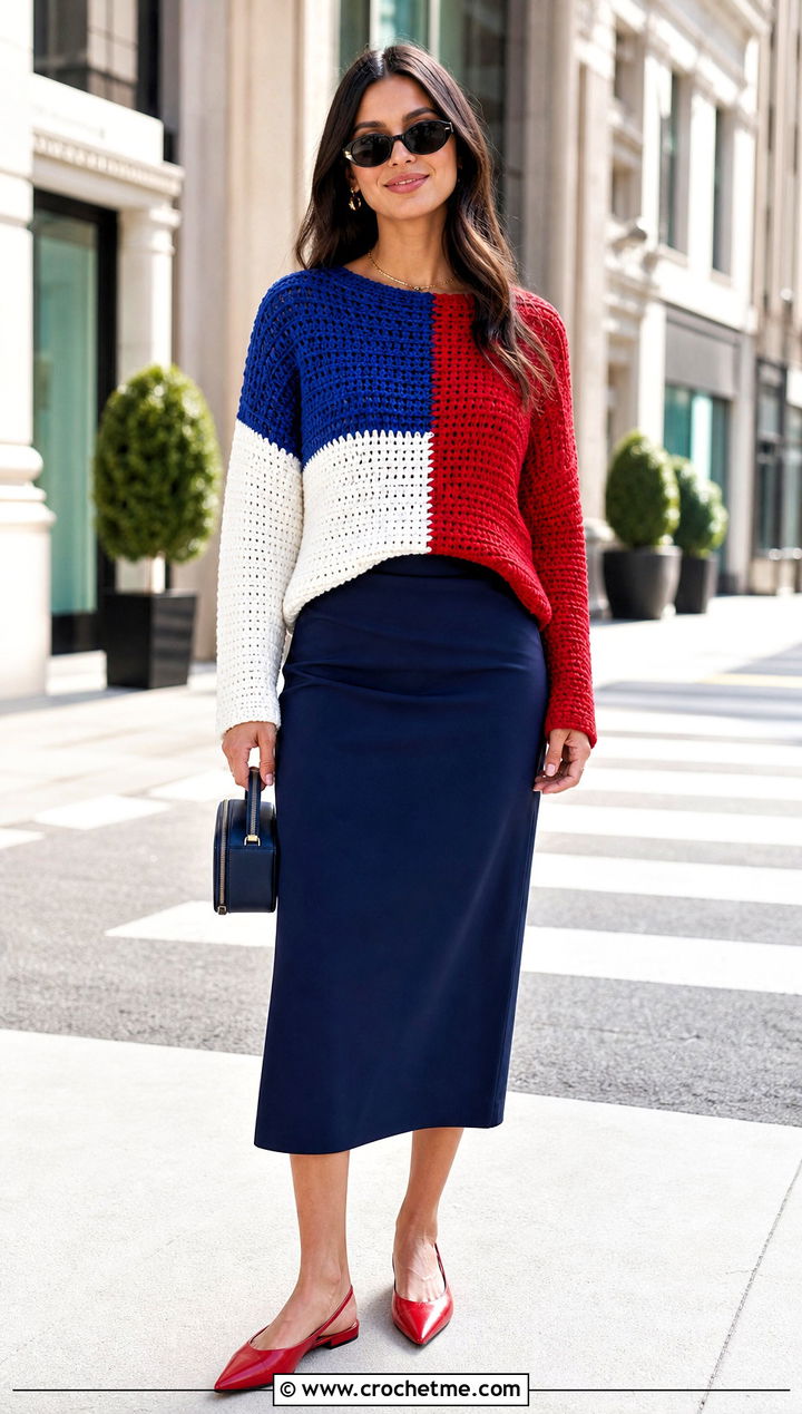 Colorblock Crochet Sweater With Column Skirt - 35 crochet sweater for women outfit ideas