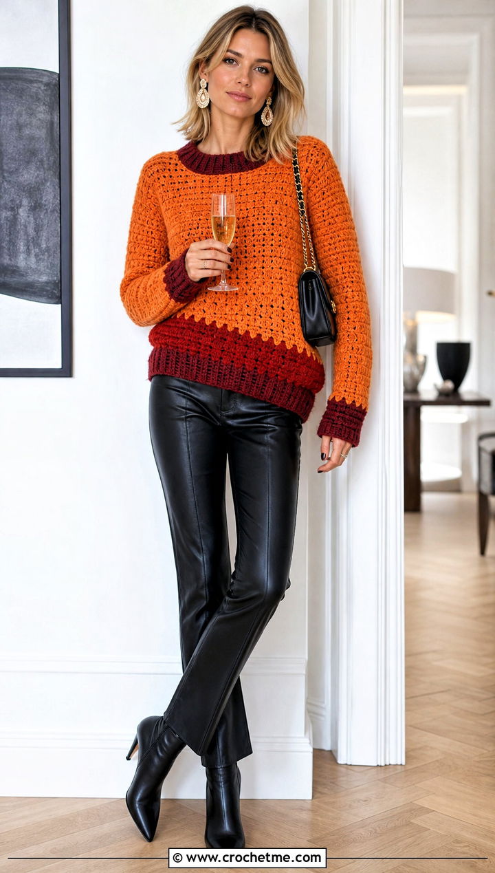 Colorblock Crochet Sweater With Leather Pants - 25 Basic Crochet Sweater outfit ideas