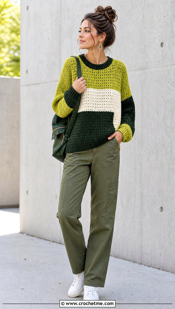 Colorblock Crochet Sweater With Utility Pants - 20 Crochet Ladies Sweater outfit ideas