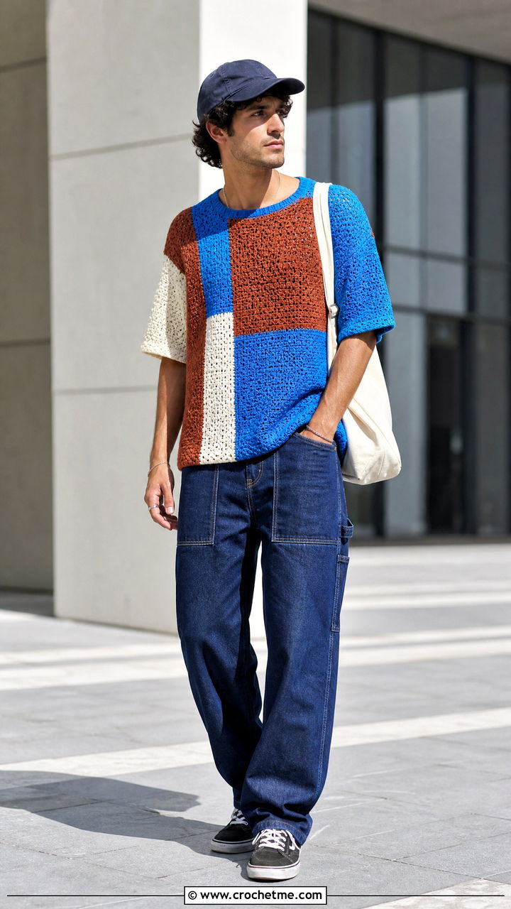 Colorblock Crochet T Shirt With Carpenter Jeans - 35 crochet top for men outfit ideas