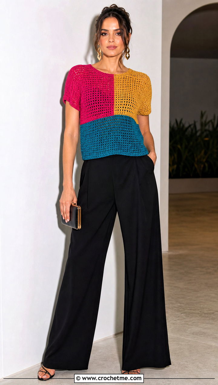 Colorblock Crochet Tee With Black Wide Leg Pants - 35 crochet tee outfit ideas