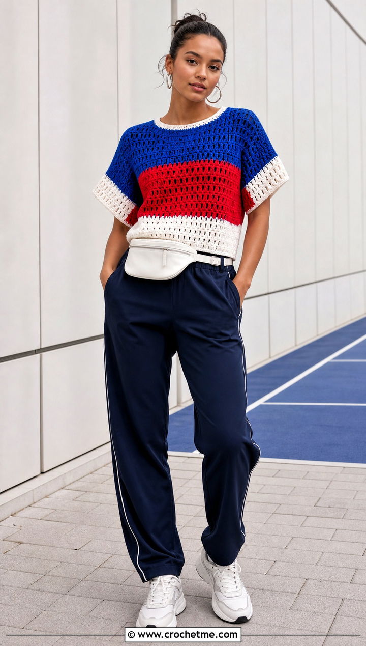 Colorblock Crochet Tee With Track Pants - 35 crochet tee shirt outfit ideas