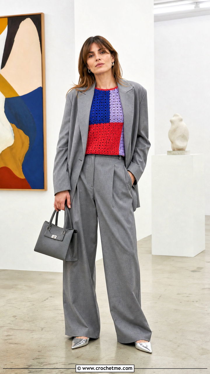 Colorblock Crochet Top With Gray Suit - 35 coquette crochet top outfit ideas