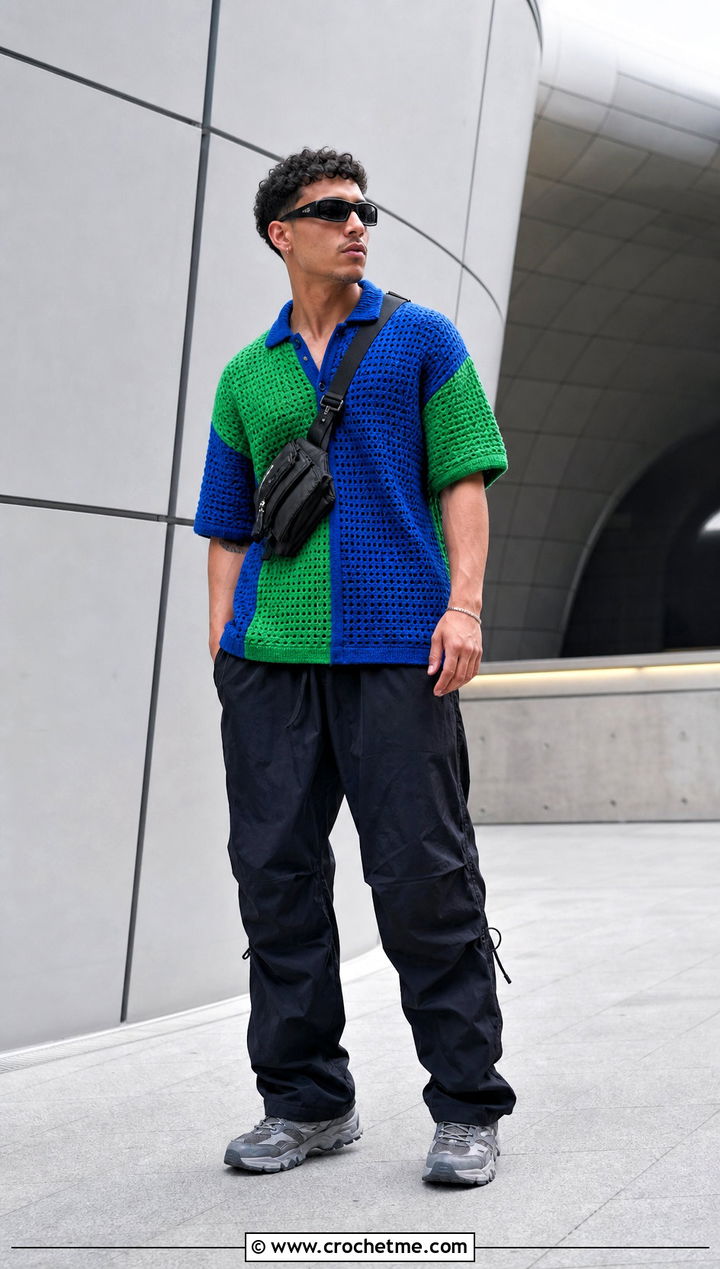 Colorblock Crochet Top With Parachute Pants - 35 Mens Crochet Top outfit ideas