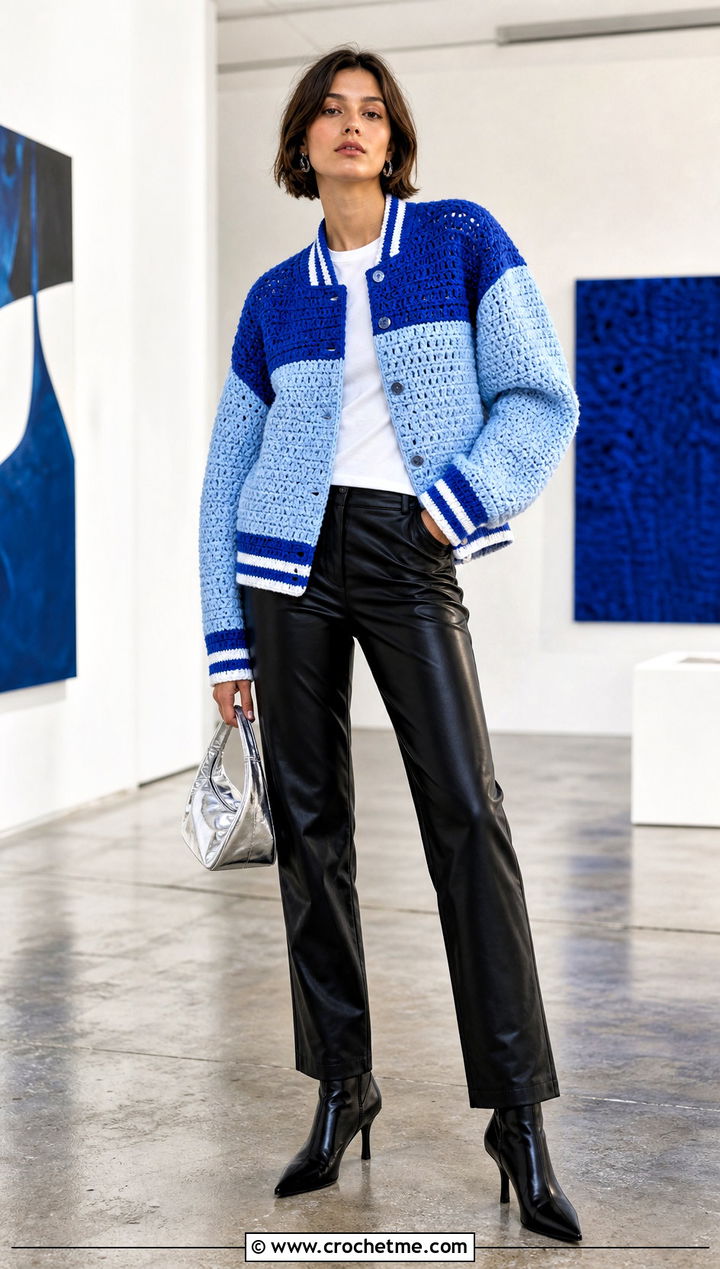 Colorblock Crochet Varsity Jacket With Leather Pants - 35 crochet varsity jacket outfit ideas