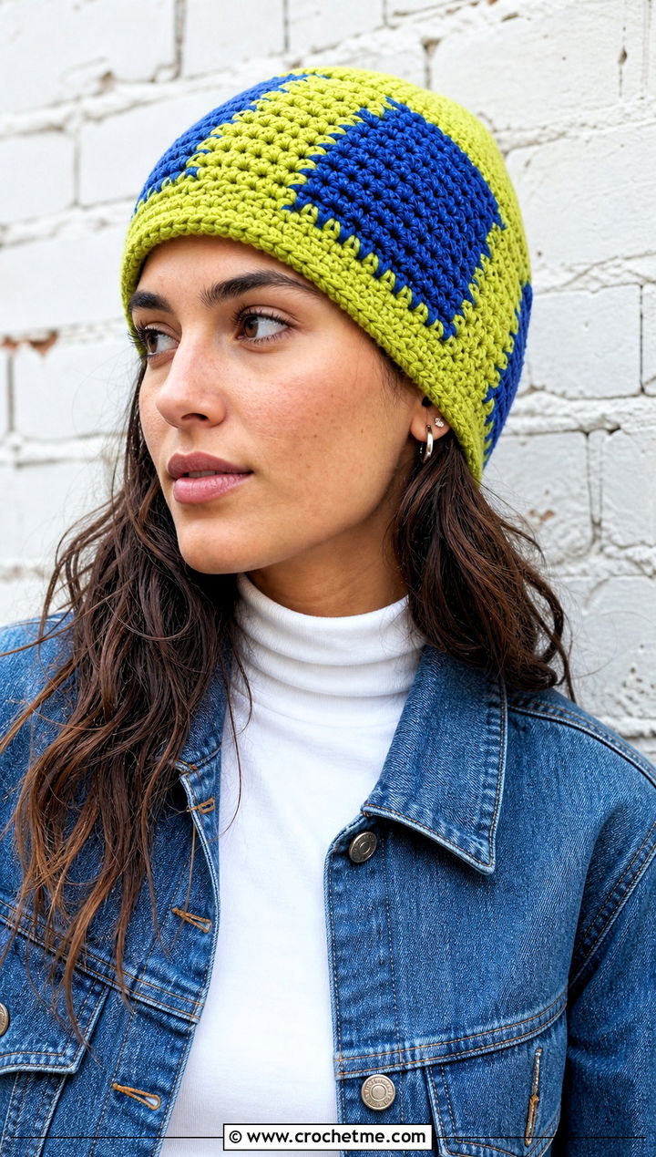 Colorblock Crocheted Stocking Cap With Double Denim - 15 Crocheted Stocking Cap outfit ideas