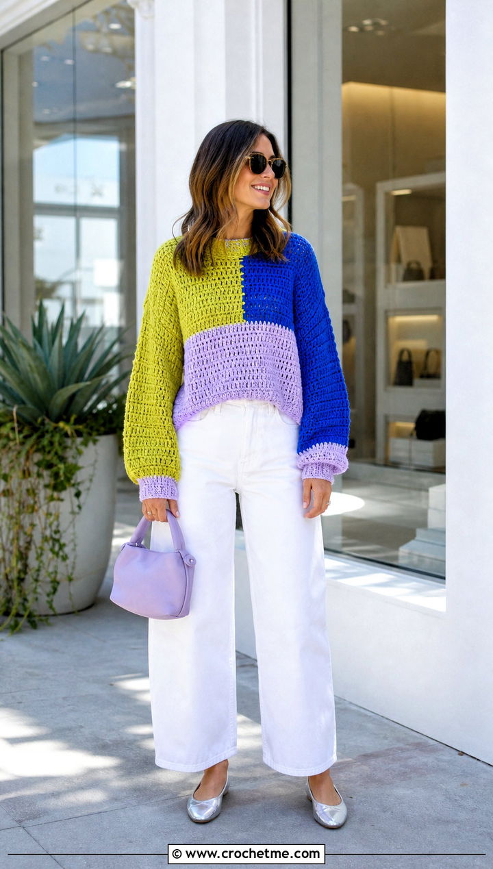 Colorblock Designer Crochet Sweater With White Jeans - 15 Designer Crochet Sweater outfit ideas