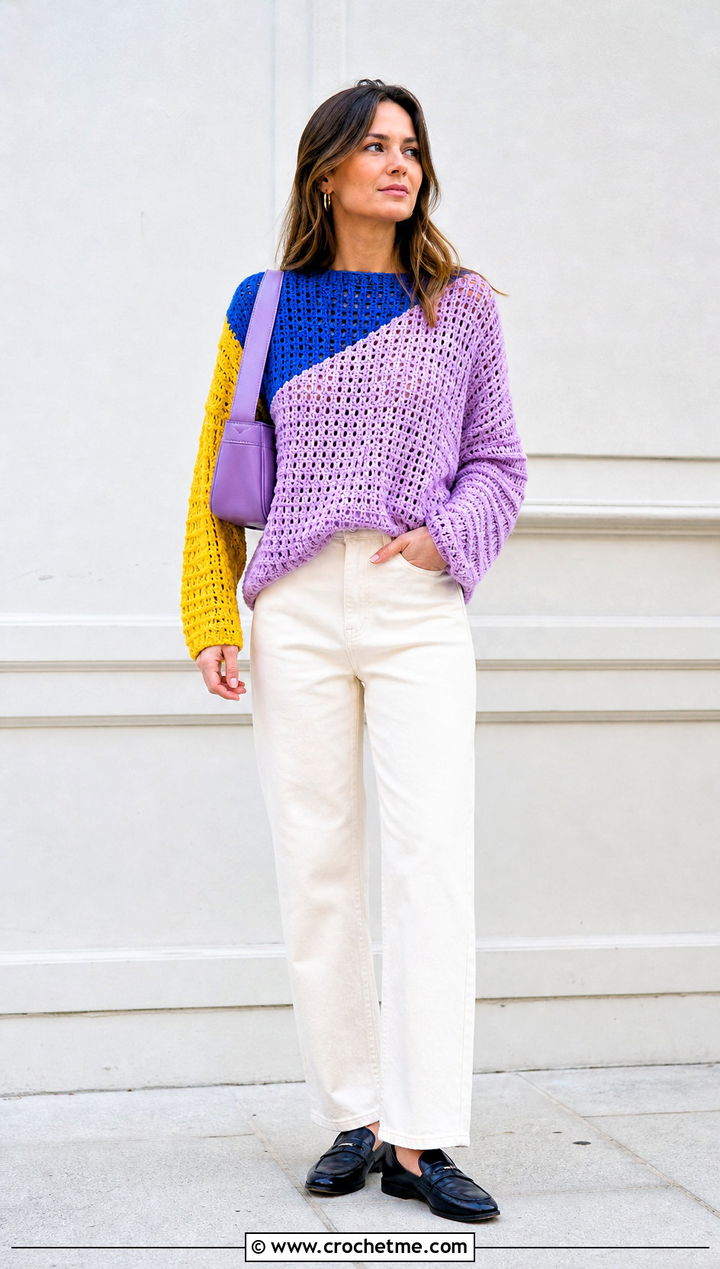 Colorblock Fisherman Crochet Sweater With Ecru Denim - 25 Fisherman Crochet Sweater outfit ideas