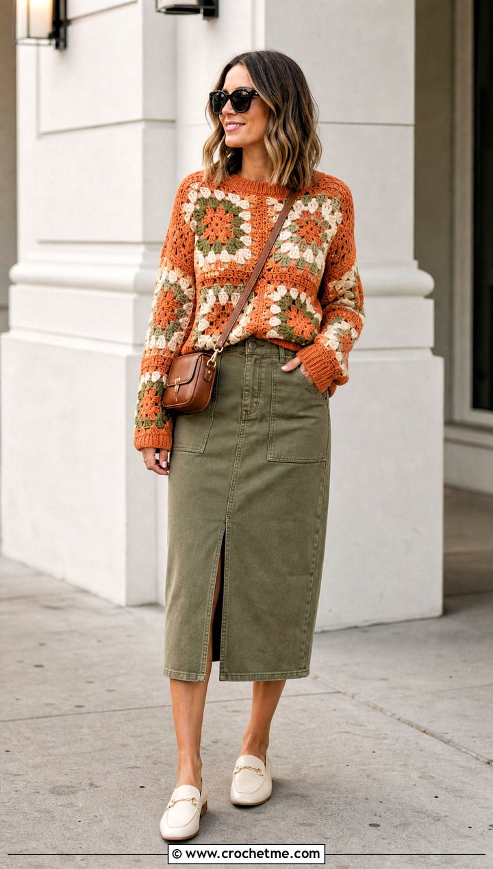 Colorblock Giant Granny Square Sweater With Utility Midi Skirt - 30 giant granny square sweater outfit ideas