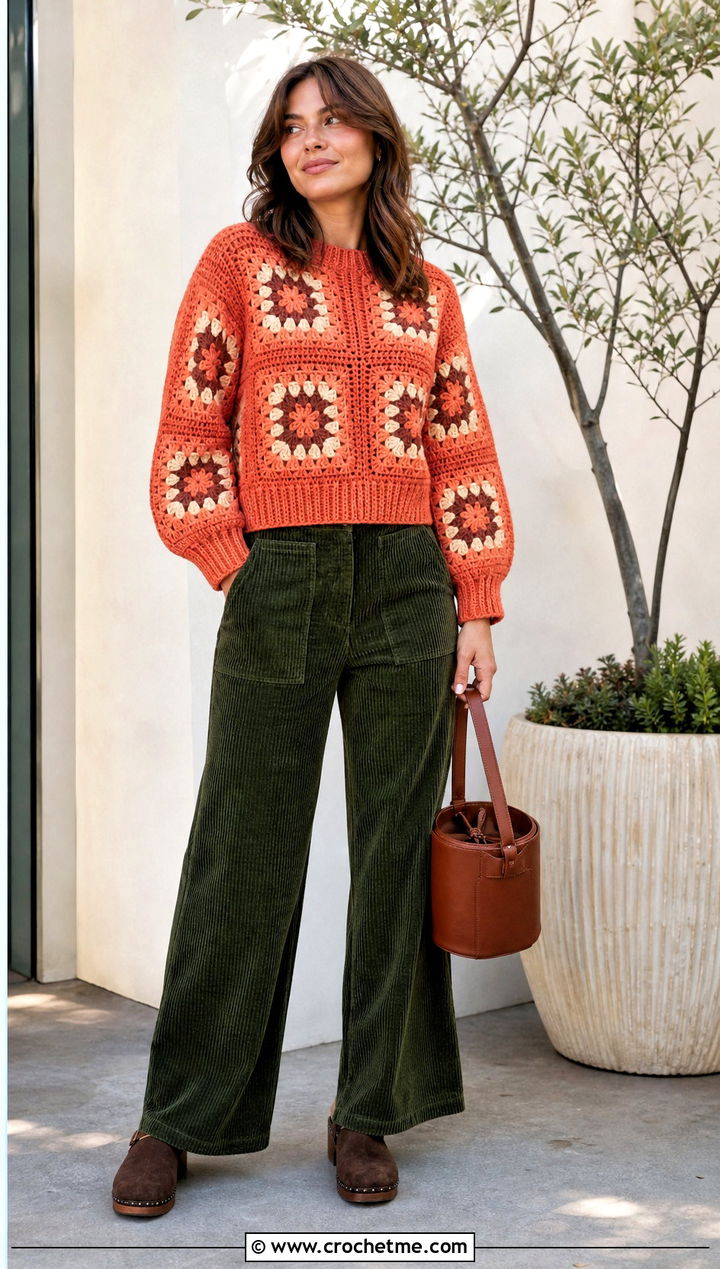 Colorblock Granny Square Sweater With Corduroy Pants - 25 Fall Granny Square Sweater outfit ideas