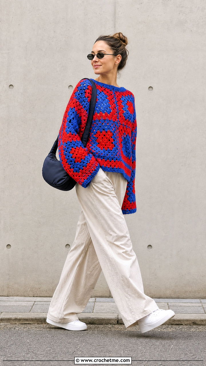 Colorblock Granny Square Sweater With Parachute Pants - 35 crochet granny square sweater outfit ideas
