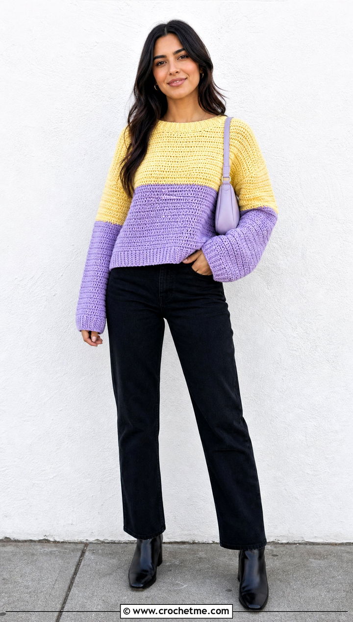 Colorblock Half Double Crochet Sweater With Black Jeans - 30 half double crochet sweater outfit ideas