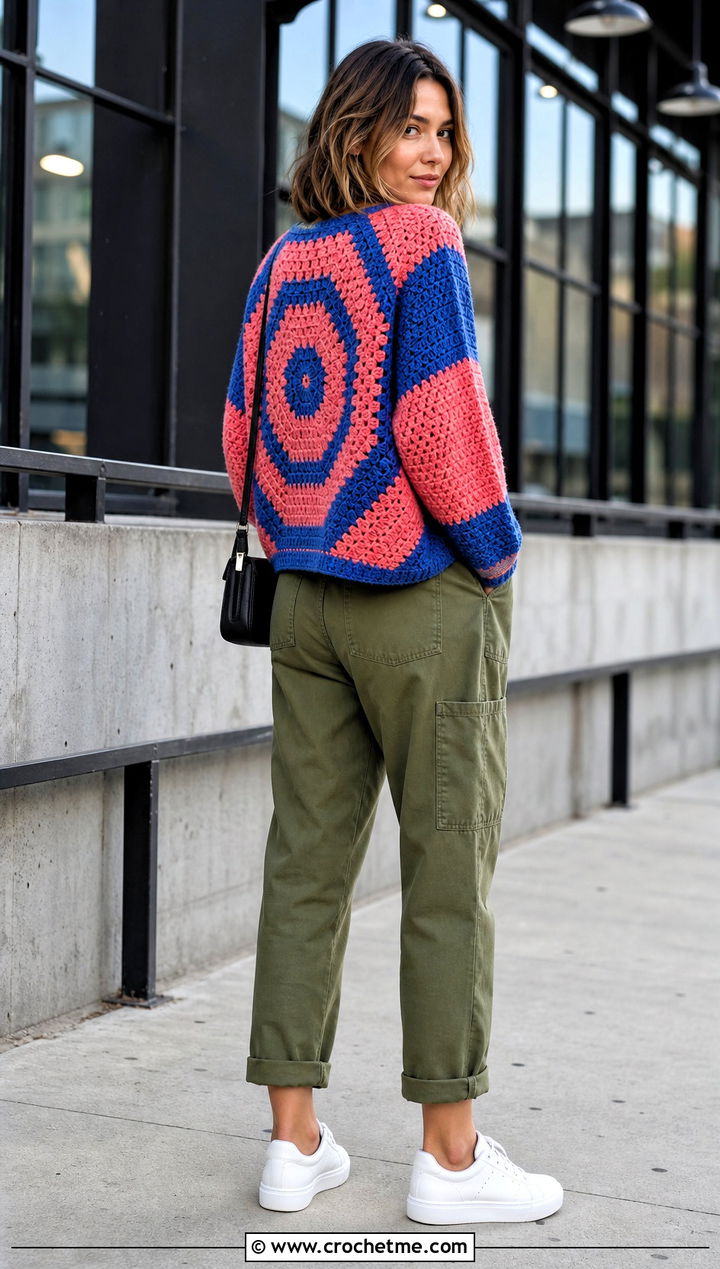 Colorblock Hexagon Cardigan With Granny Square Back And Utility Jumpsuit - 20 Hexagon Cardigan With Granny Square Back outfit ideas