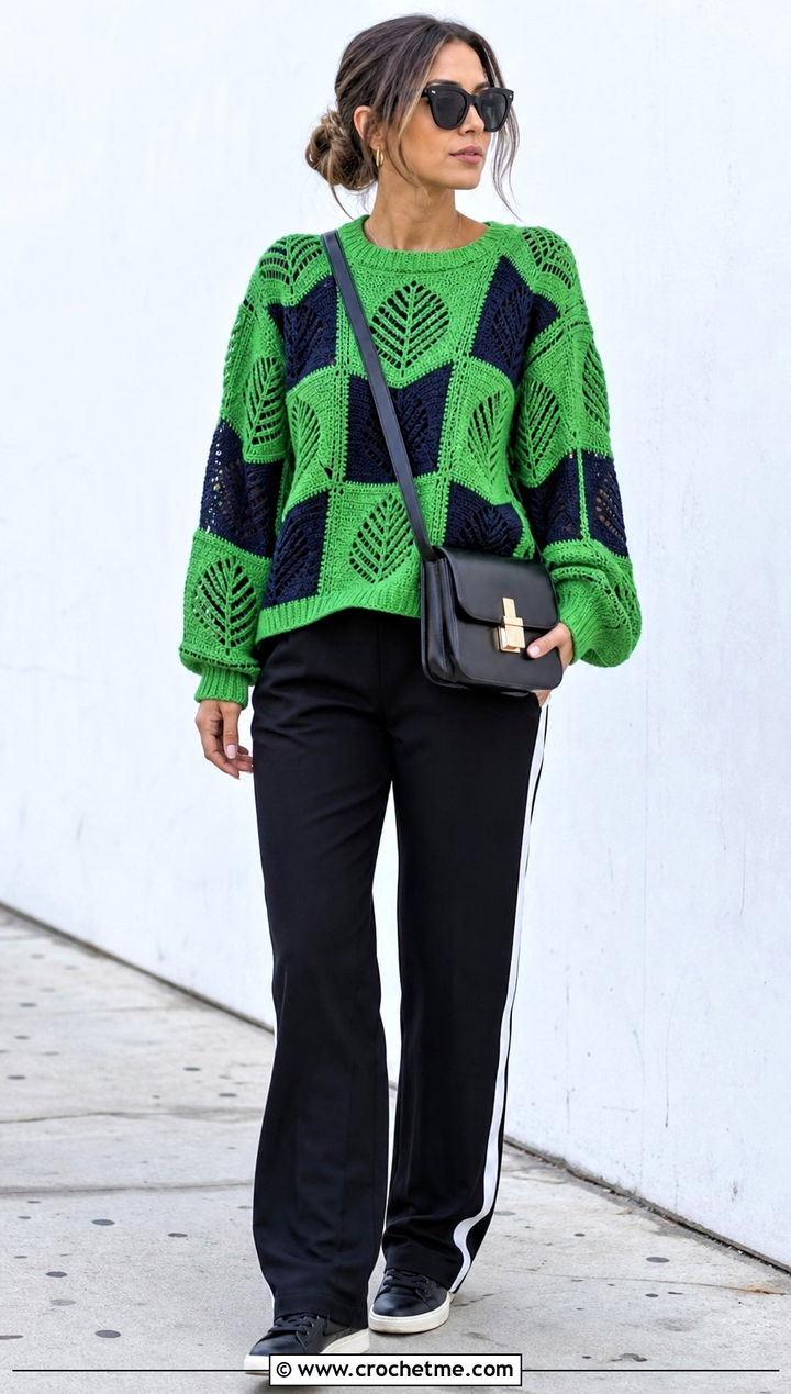 Colorblock Leaf Crochet Sweater With Track Pants - 25 crochet leaf sweater outfit ideas