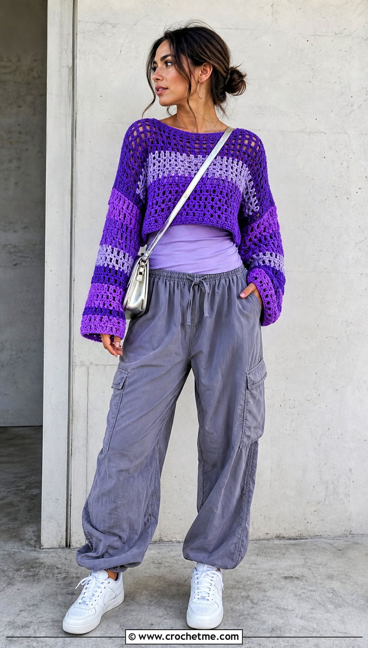 Colorblock Pixie Crochet Sweater With Cargo Pants - 20 Pixie Crochet Sweater outfit ideas