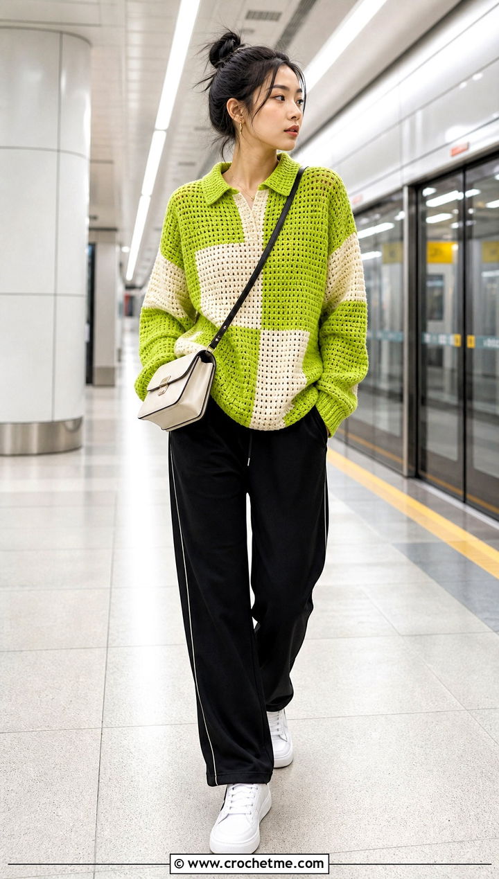 Colorblock Pointed Collar Crochet Sweater With Track Pants - 35 crochet sweater with collar outfit ideas