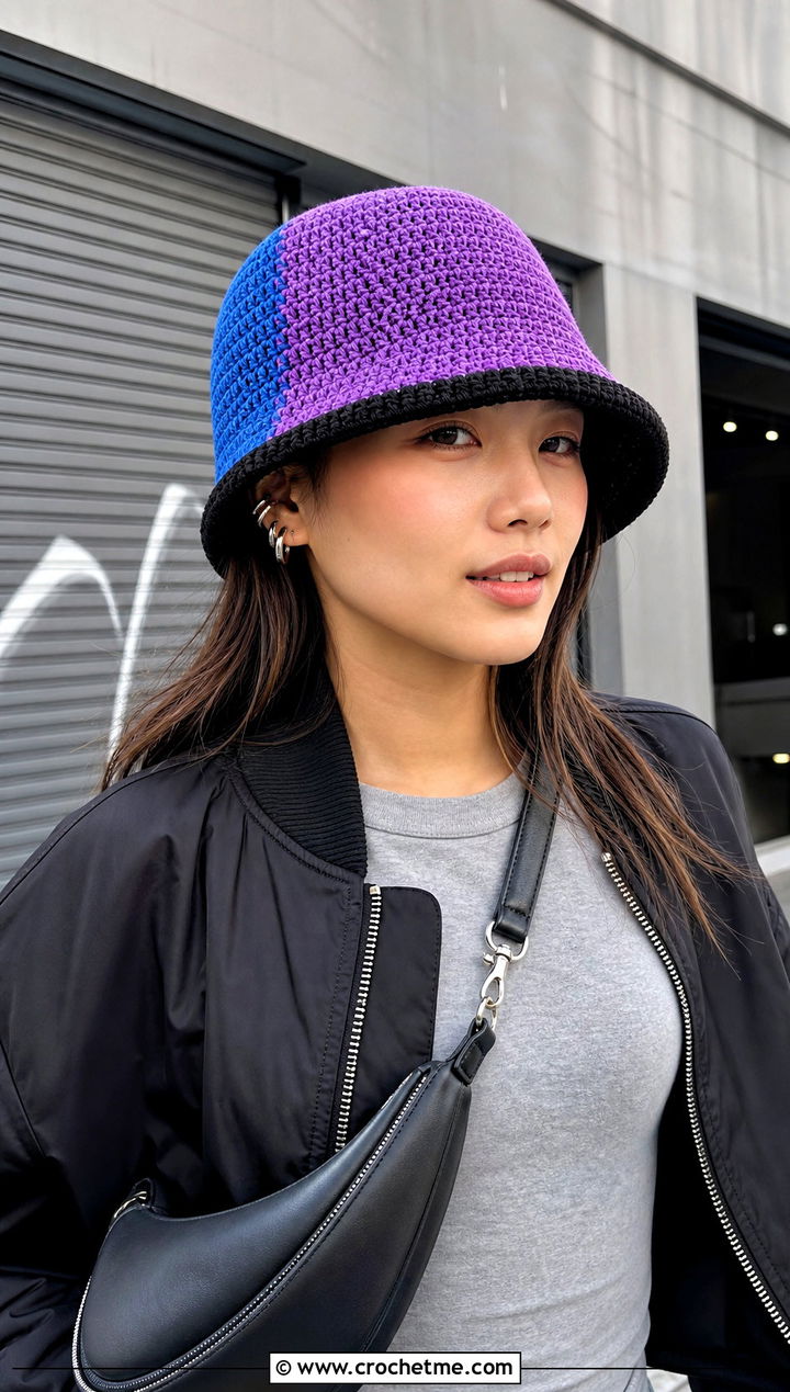 Colorblock Purple Crochet Bucket Hat With Bomber Jacket - 30 purple crochet bucket hat outfit ideas