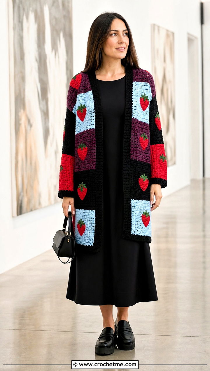 Colorblock Strawberry Cardigan With Black Midi Dress - 35 crochet strawberry cardigan outfit ideas