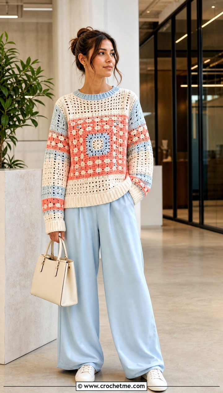 Colorblock Tapestry Crochet Jumper With Matching Trousers - 30 Tapestry Crochet Jumper outfit ideas