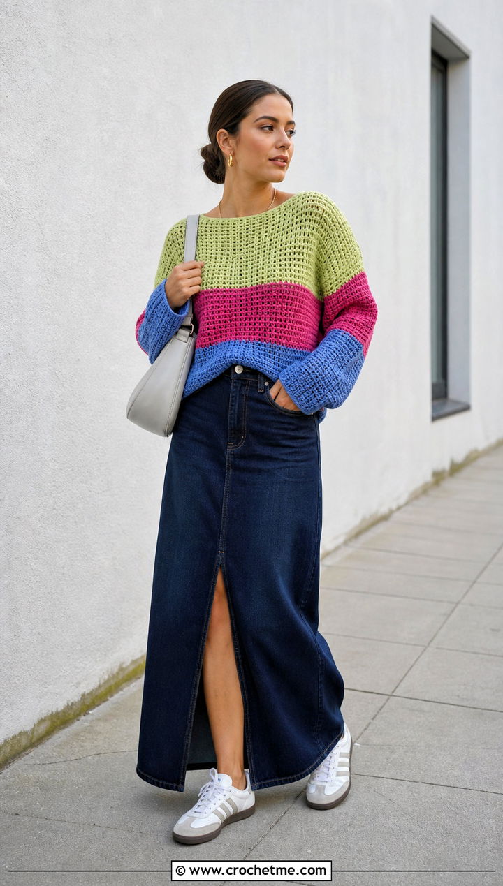 Colorblock Tunisian Sweater With Denim Maxi Skirt - 35 tunisian crochet sweater outfit ideas