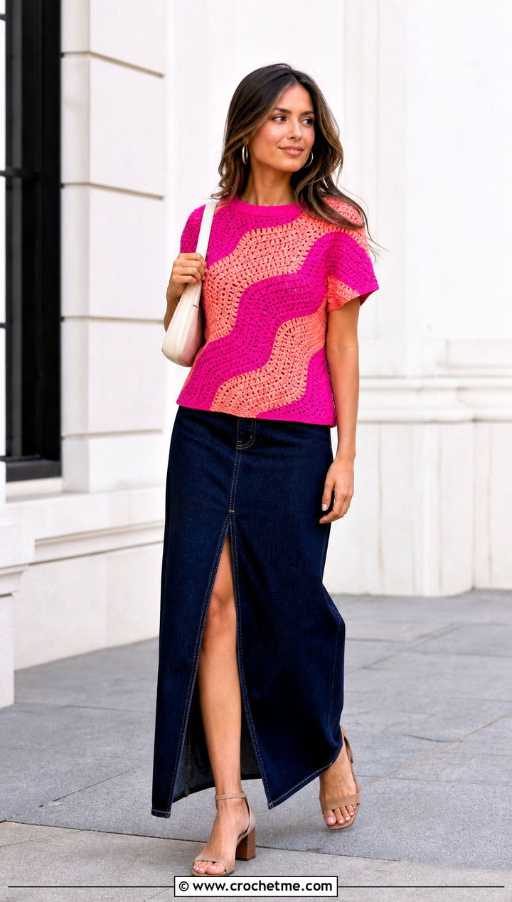 Colorblock Wave Crochet Tee With Denim Maxi Skirt - 25 wavy crochet top outfit ideas