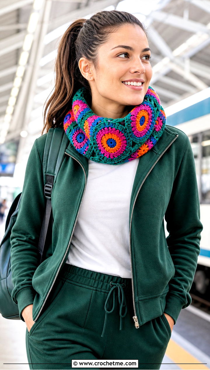 Colorful Circle Crochet Cowl Scarf With Track Jacket And Joggers - 15 crochet scarf with colorful circles outfit ideas