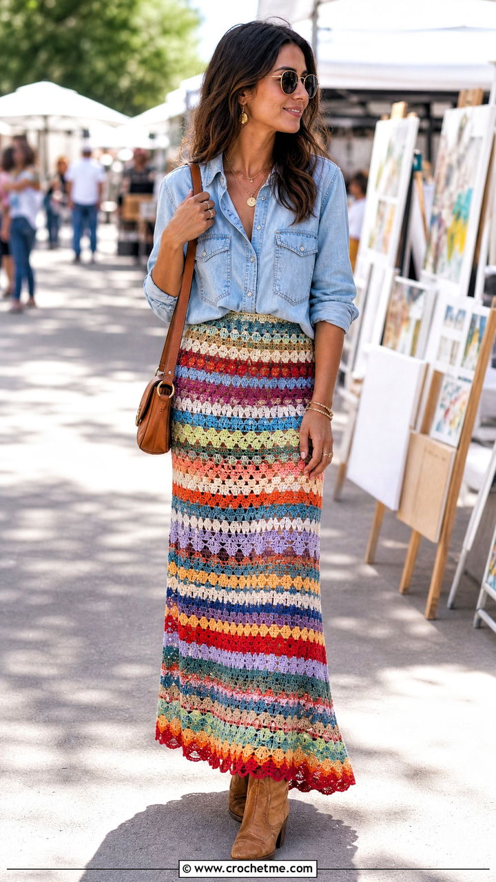 Colorful Crochet Maxi Skirt And Denim Shirt Outfit - 35 crochet skirt outfit ideas