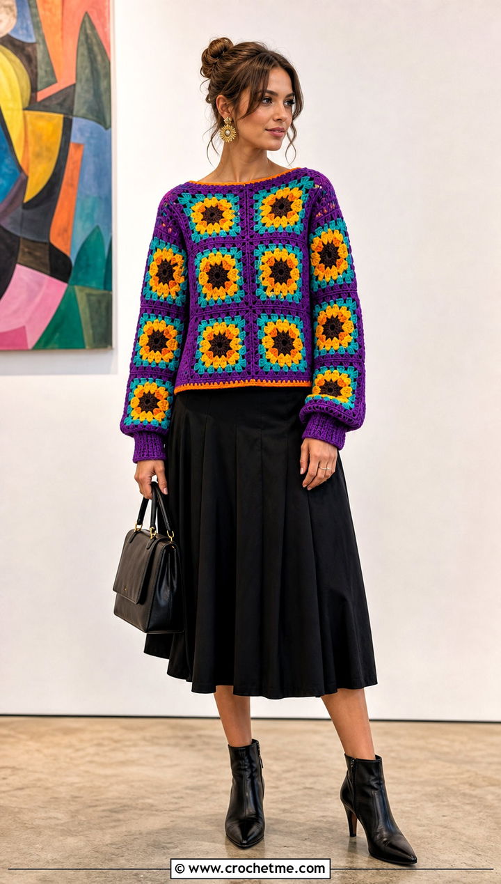 Colorful Crochet Sunflower Sweater With Black Midi Skirt - 35 crochet sunflower sweater outfit ideas