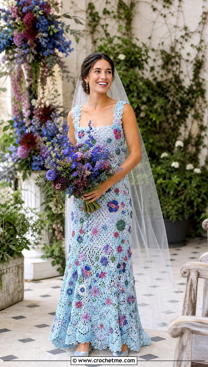 Colorful Floral Motif Crochet Bridal Gown With Simple Accessories - 15 Handmade Crochet Bridal Gown outfit ideas