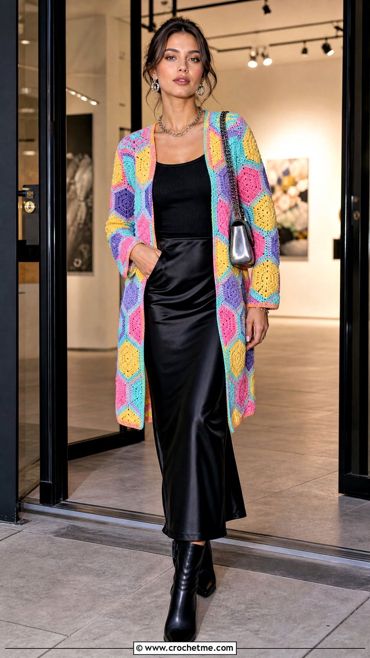 Colorful Hexagon Crochet Cardigan With Black Slip Skirt - 35 hexagon crochet cardigan outfit ideas