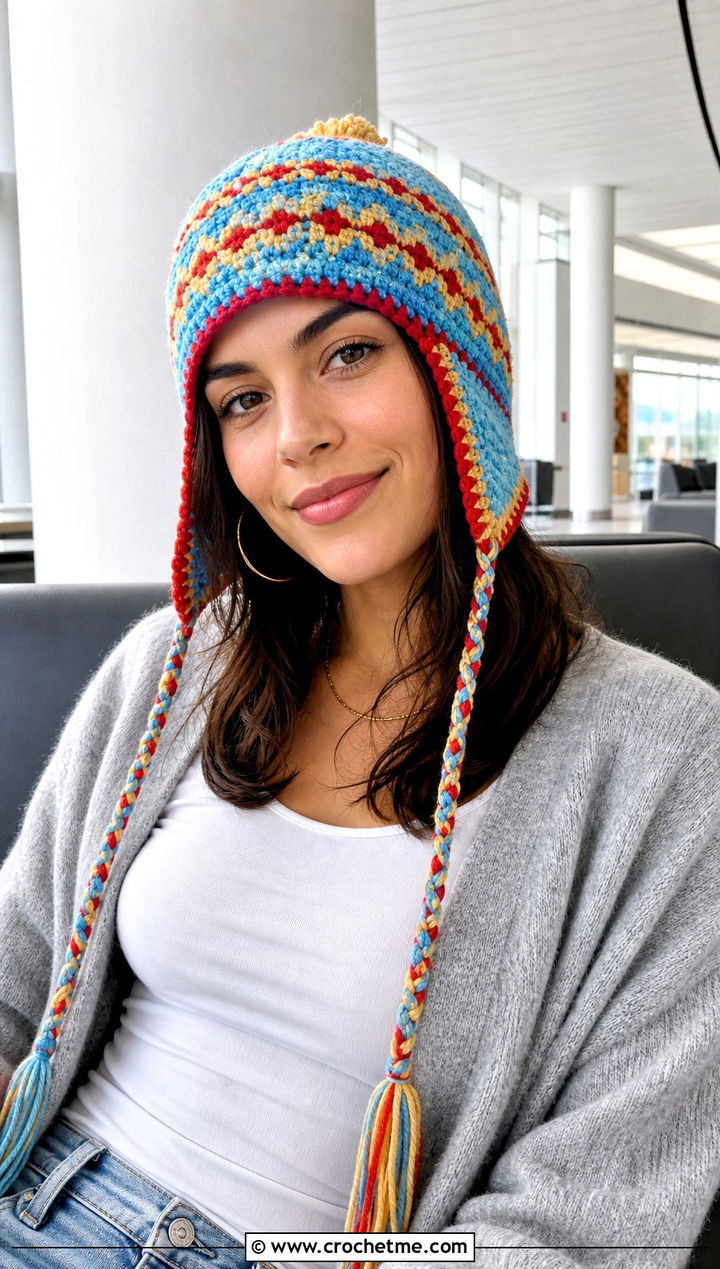 Colorwork Crochet Ear Flap Hat With Long Cardigan - 30 crochet adult ear flap hat outfit ideas