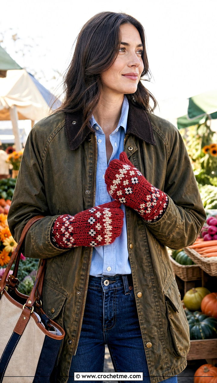 Colorwork Crochet Mittens With Barn Jacket - 15 vintage crochet mitten outfit ideas