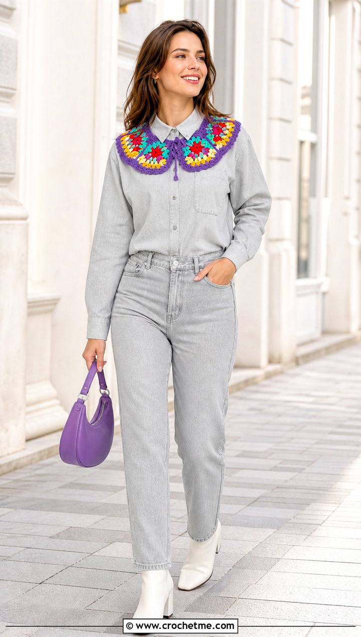 Colorwork Crochet Peter Pan Collar With Monochrome Shirt And Jeans - 35 crochet peter pan collar outfit ideas