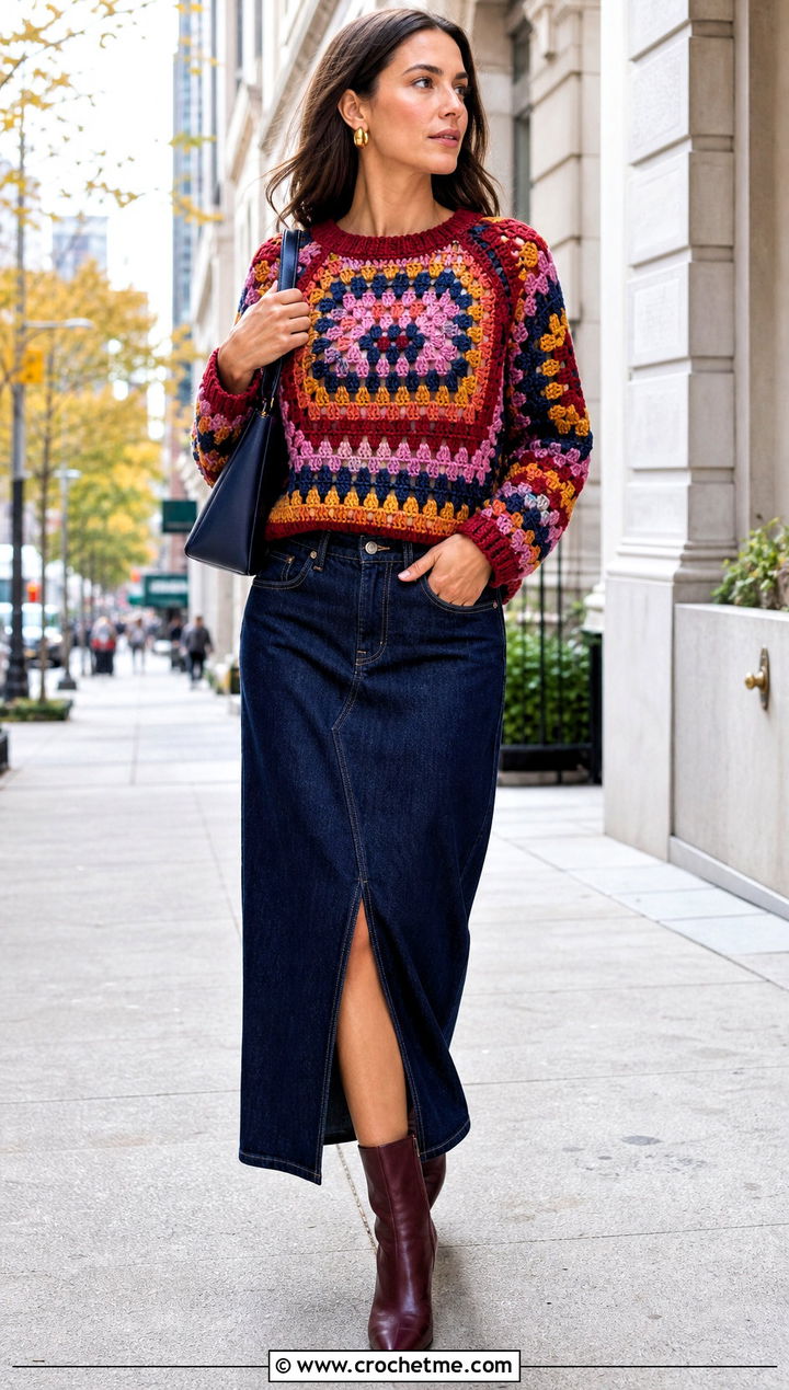 Colorwork Crochet Raglan Sweater With Denim Maxi Skirt - 35 crochet raglan sweater outfit ideas