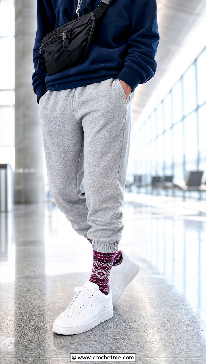 Colorwork Crochet Socks With Joggers And Retro Sneakers - 15 crochet ladies socks outfit ideas