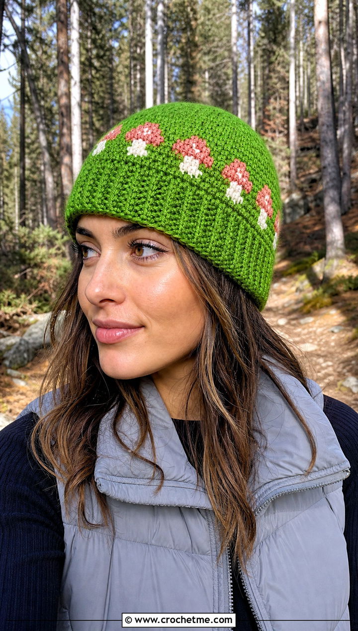 Colorwork Mushroom Crochet Beanie Cap With Puffer Vest - 20 Mushroom Crochet Cap outfit ideas