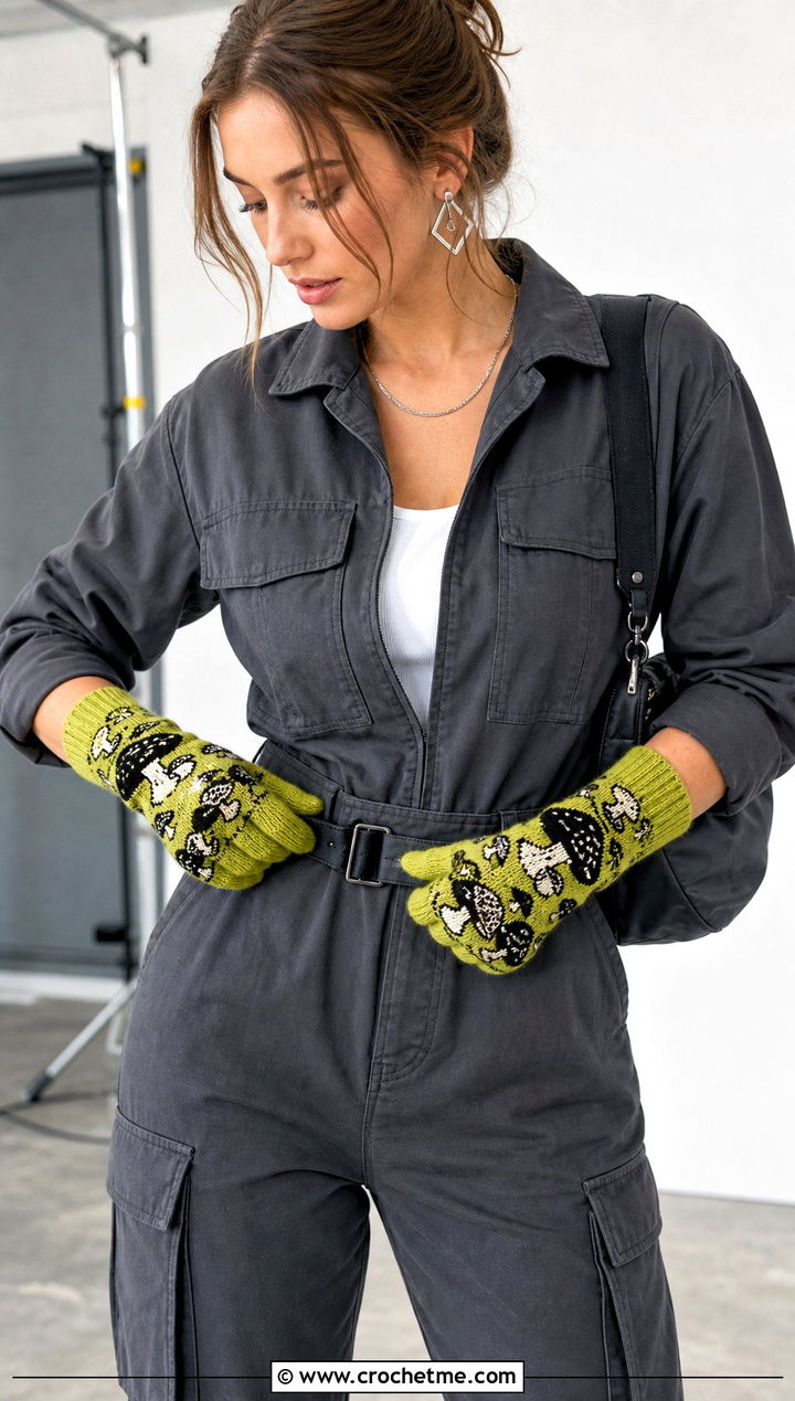 Colorwork Mushroom Gloves With Utility Jumpsuit - 20 Crochet Mushroom Gloves outfit ideas