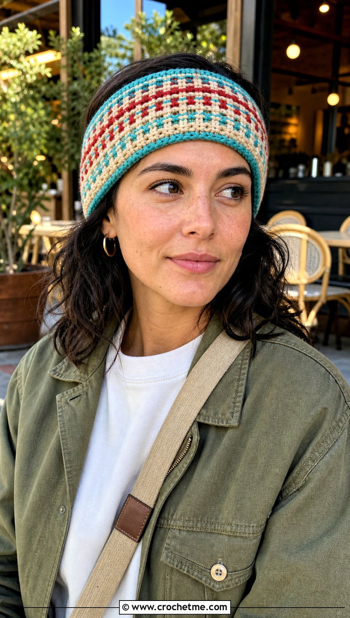 Colorwork Tunisian Crochet Earwarmer With Utility Jacket - 15 Tunisian Crochet Earwarmer outfit ideas