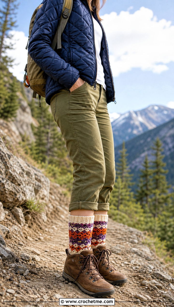 Colorwork Wool Crochet Calf Socks With Hiking Boots - 20 Wool Crochet Sock outfit ideas