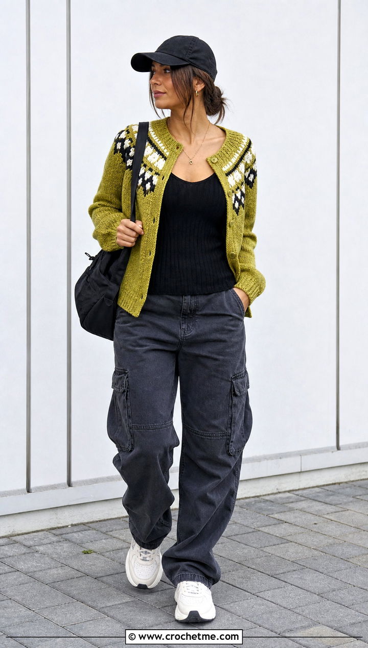 Colorwork Yoke Cardigan With Cargo Pants - 20 Crochet Yoke Cardigan outfit ideas
