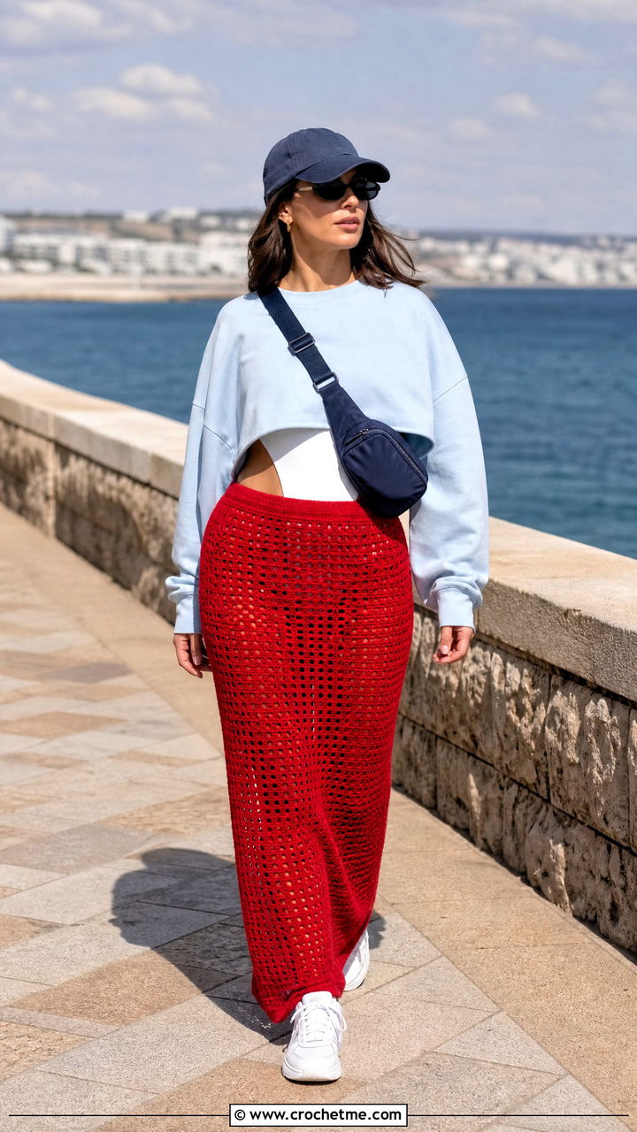Column Crochet Beach Skirt With Cropped Sweatshirt - 35 Crochet Beach Skirt outfit ideas