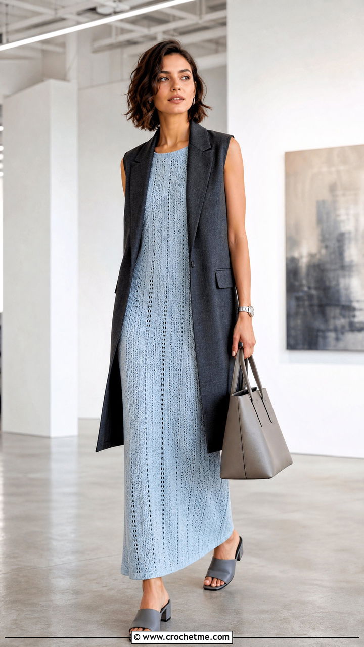 Column Crochet Gown With Longline Vest - 35 crochet gown outfit ideas