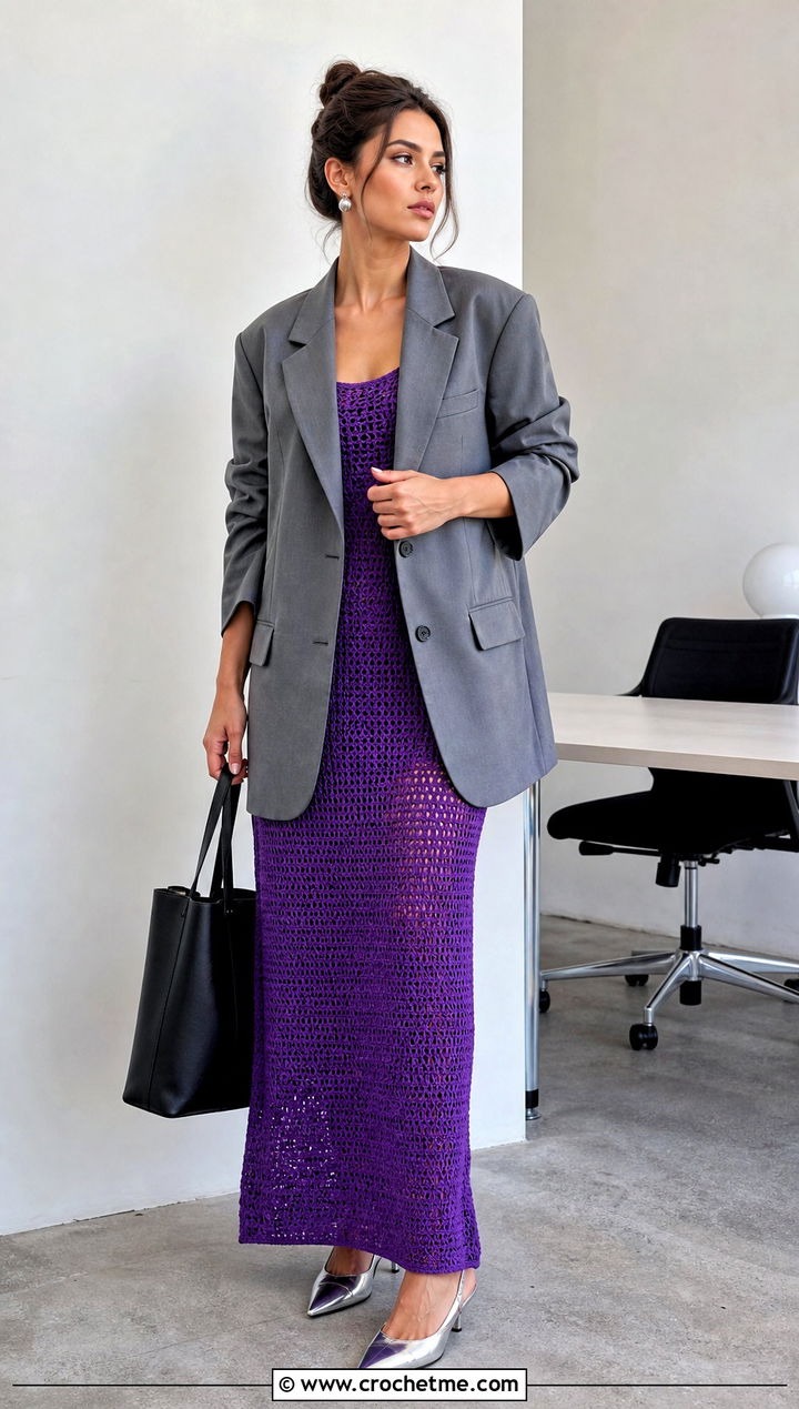 Column Crochet Long Dress With Oversized Blazer - 25 Crochet Long Dresses outfit ideas
