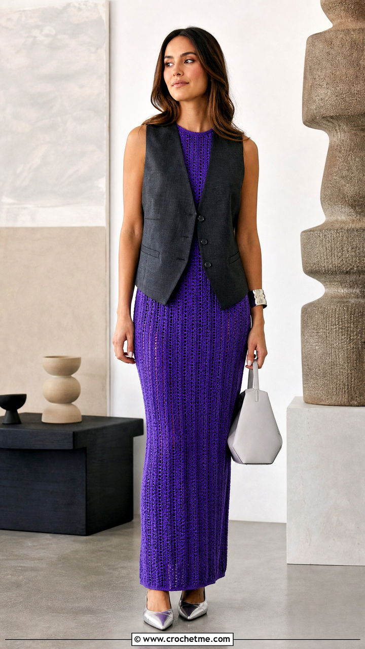 Column Crochet Maxi Dress With Long Vest - 35 Crochet Maxi Dress outfit ideas