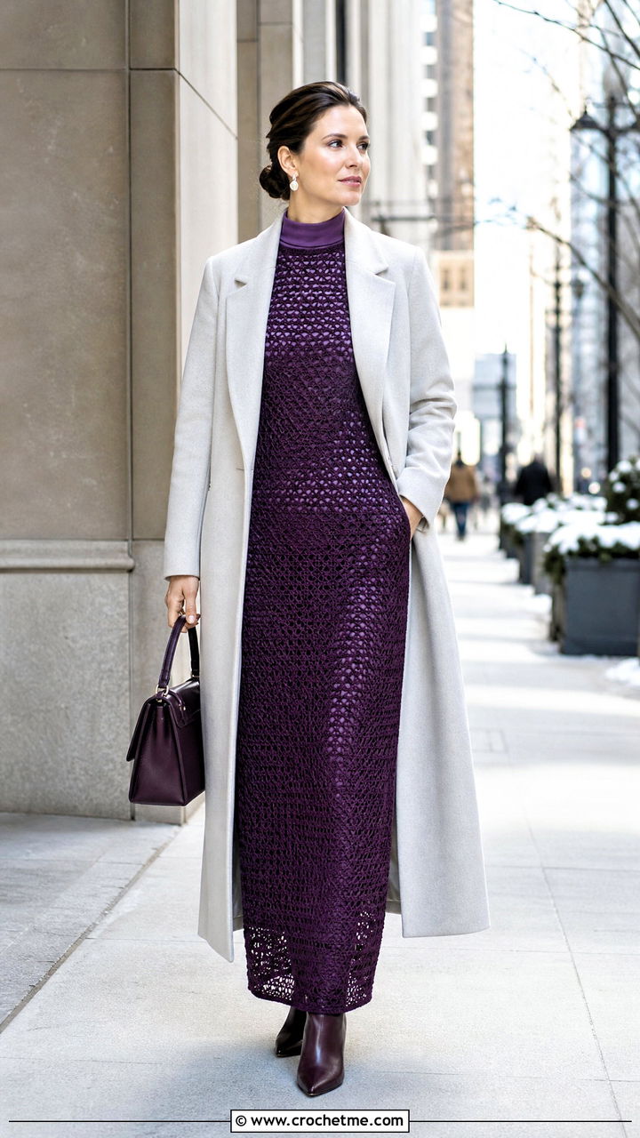 Column Crochet Mesh Maxi Dress With Long Coat - 35 crochet mesh dress outfit ideas