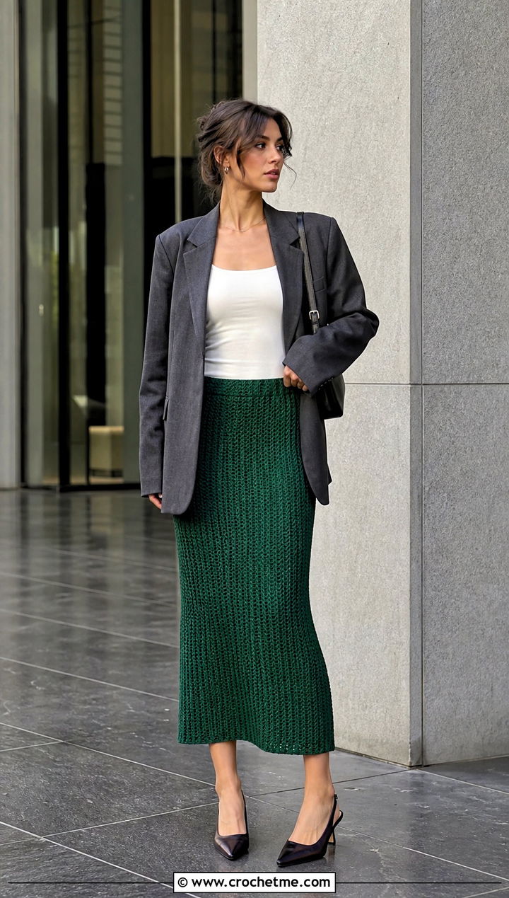Column Crochet Midi Skirt With Oversized Blazer - 25 crochet skirt y2k outfit ideas