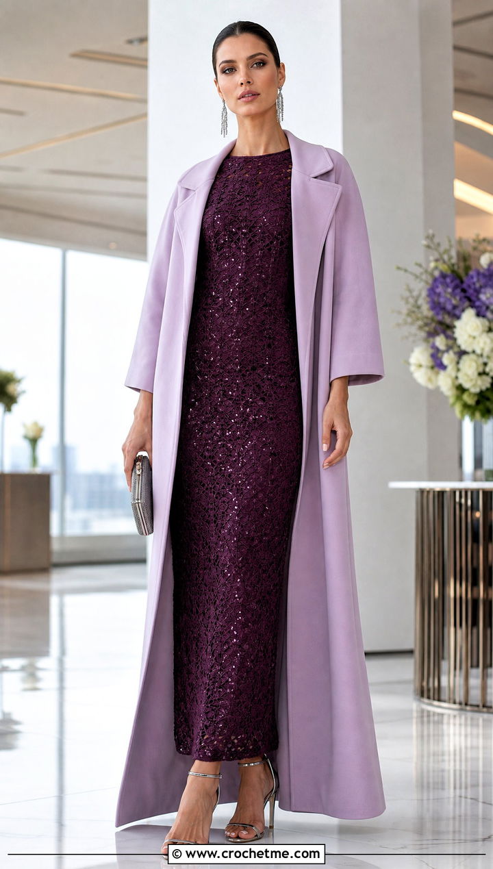 Column Crochet Sequin Dress With Long Opera Coat - 35 crochet sequin dress outfit ideas