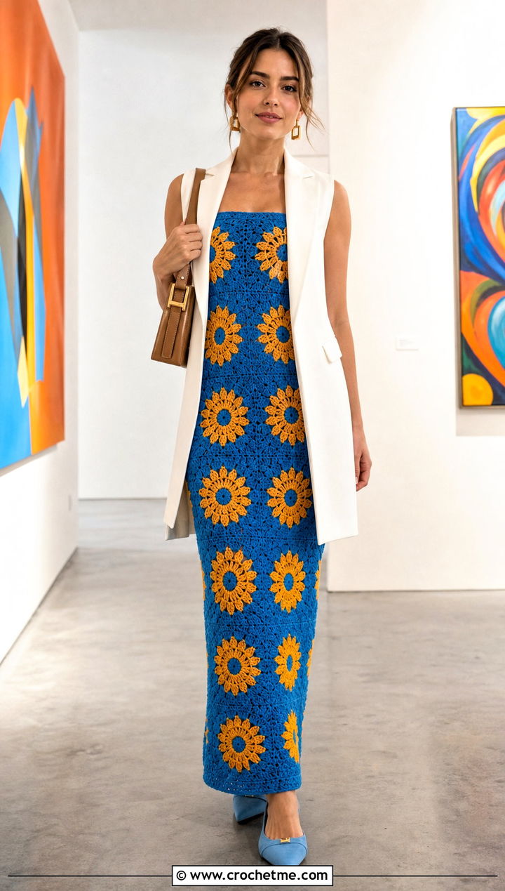 Column Crochet Sunflower Maxi Dress With Tailored Vest - 35 crochet sunflower dress outfit ideas