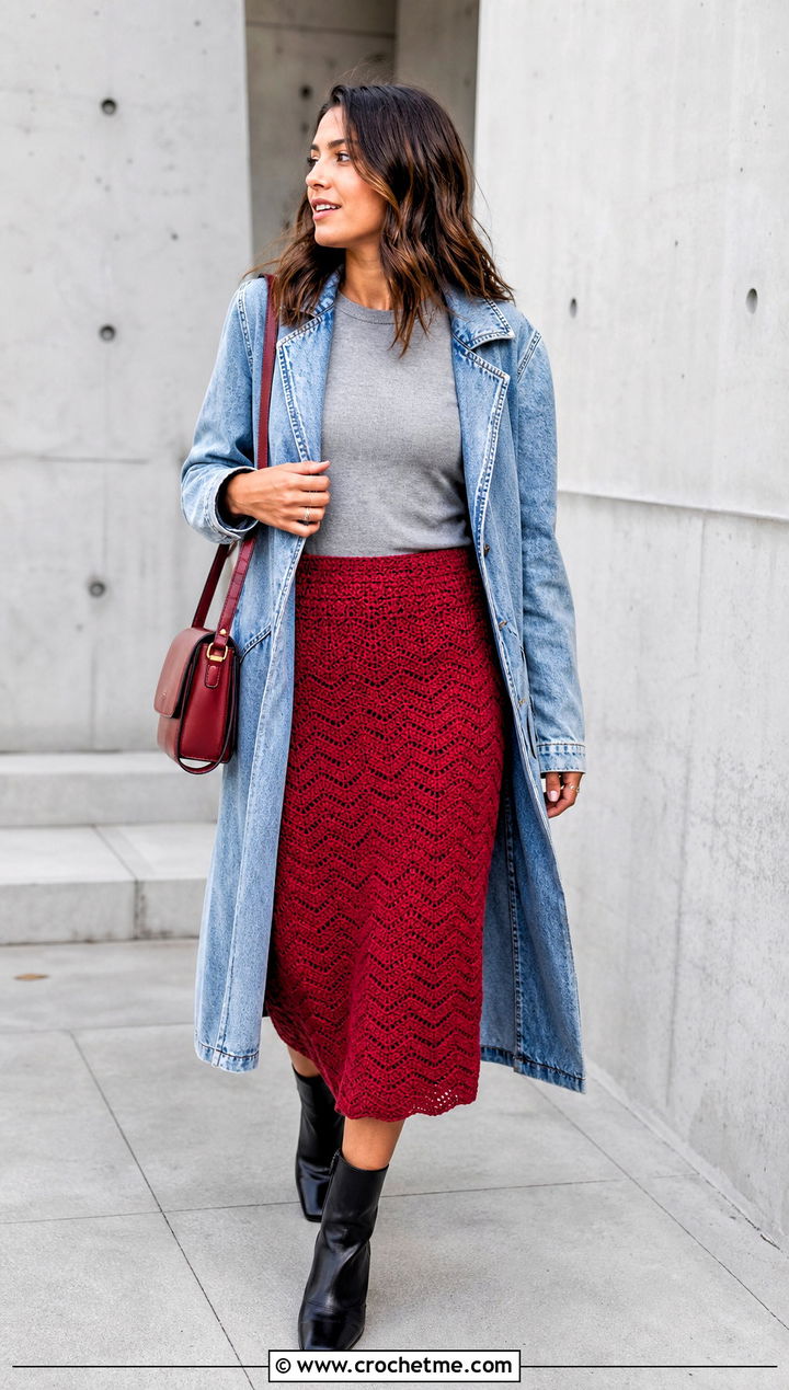 Column Zigzag Midi Skirt With Long Denim Jacket - 15 crochet zigzag skirt outfit ideas