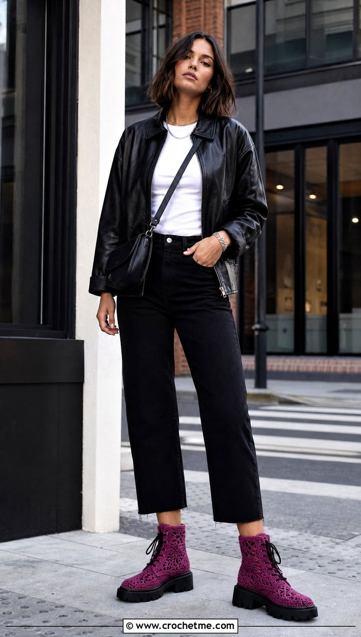 Combat Sole Crochet Ankle Boots With A Leather Jacket - 15 Crochet Ankle Boots Women outfit ideas